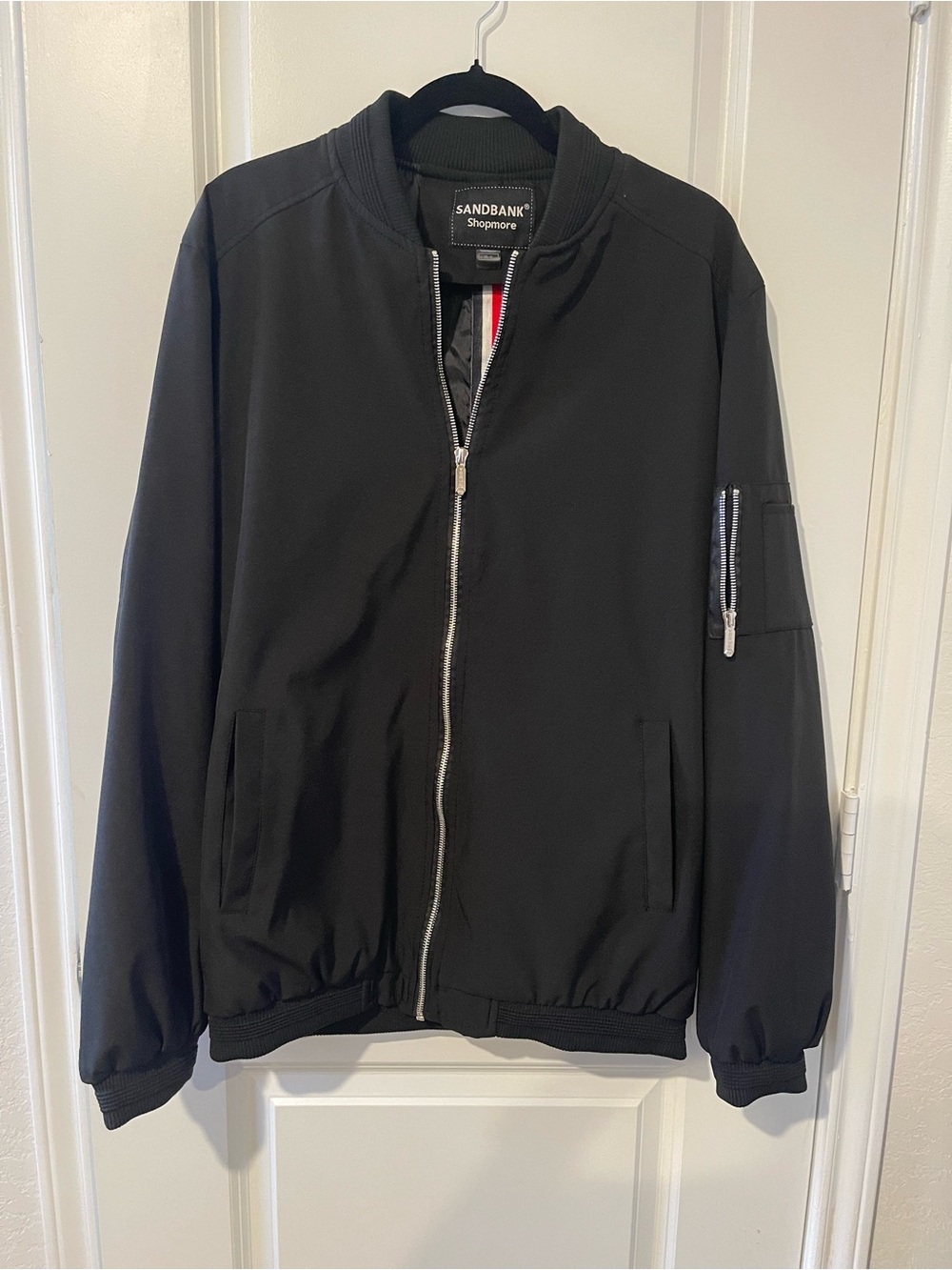 Black Men's Bomber Jacket with Zippered Sleeve Pocket